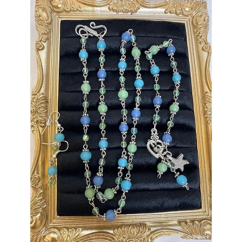 Coastal 3-Piece Jewelry Set Necklace, Bracelet & Earrings Blue & Green Starfish